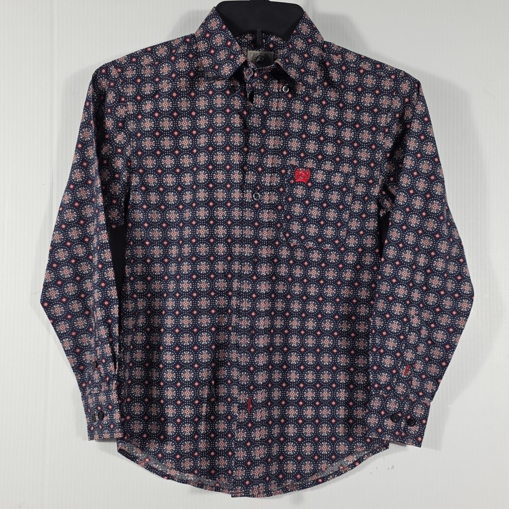 Cinch Boys Small 6-8 Long Sleeve Western Button Down Shirt Navy Red Medallion